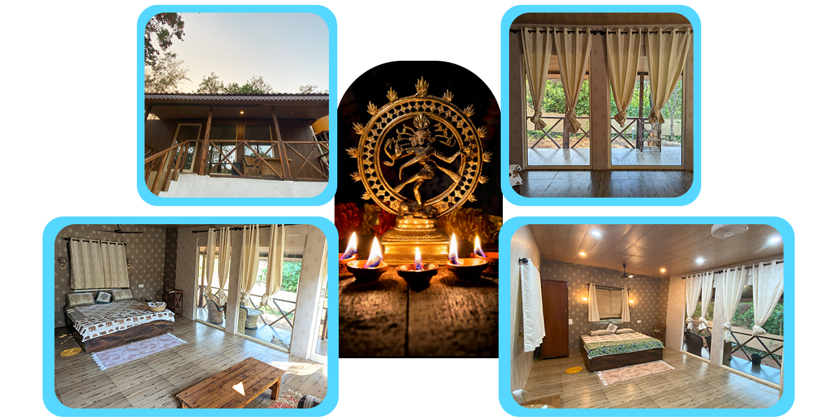 A collage of accommodation at India Yoga School.