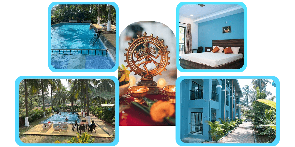 A collage of accommodation at India Yoga School.