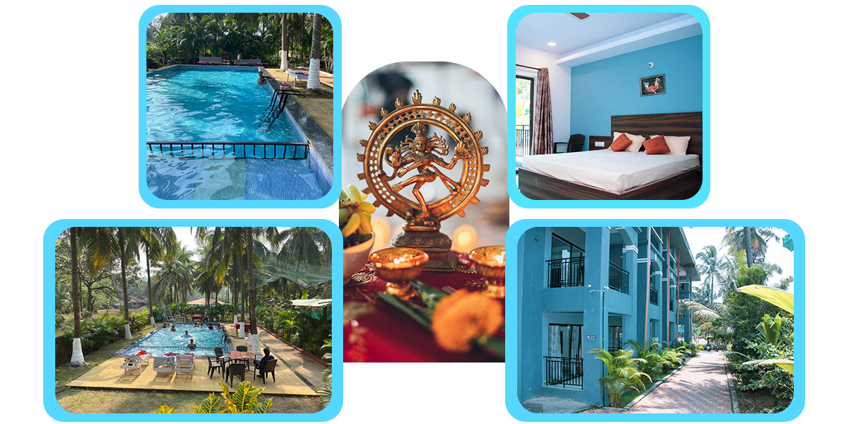 A collage of accommodation at India Yoga School.