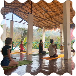 A group of people doing meditation at India Yoga School.