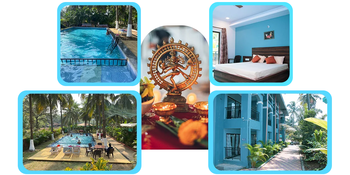 A collage of accommodation at India Yoga School.