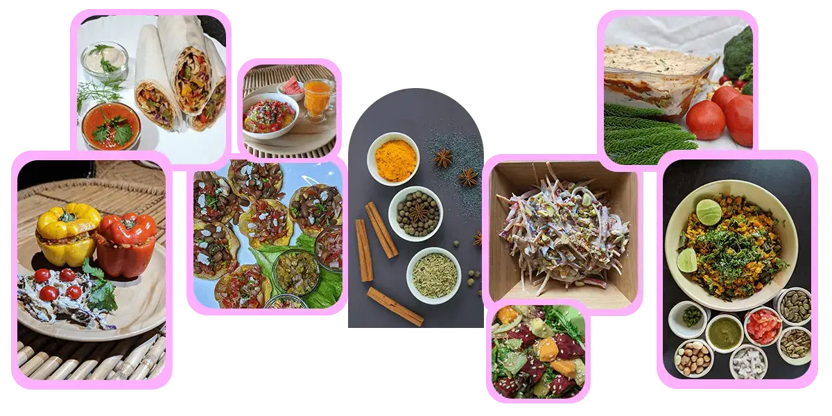 A Collage of different food dishes at India Yoga School